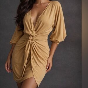 Anthropologie Women’s Knot-Front V-Neck Dress in Camel